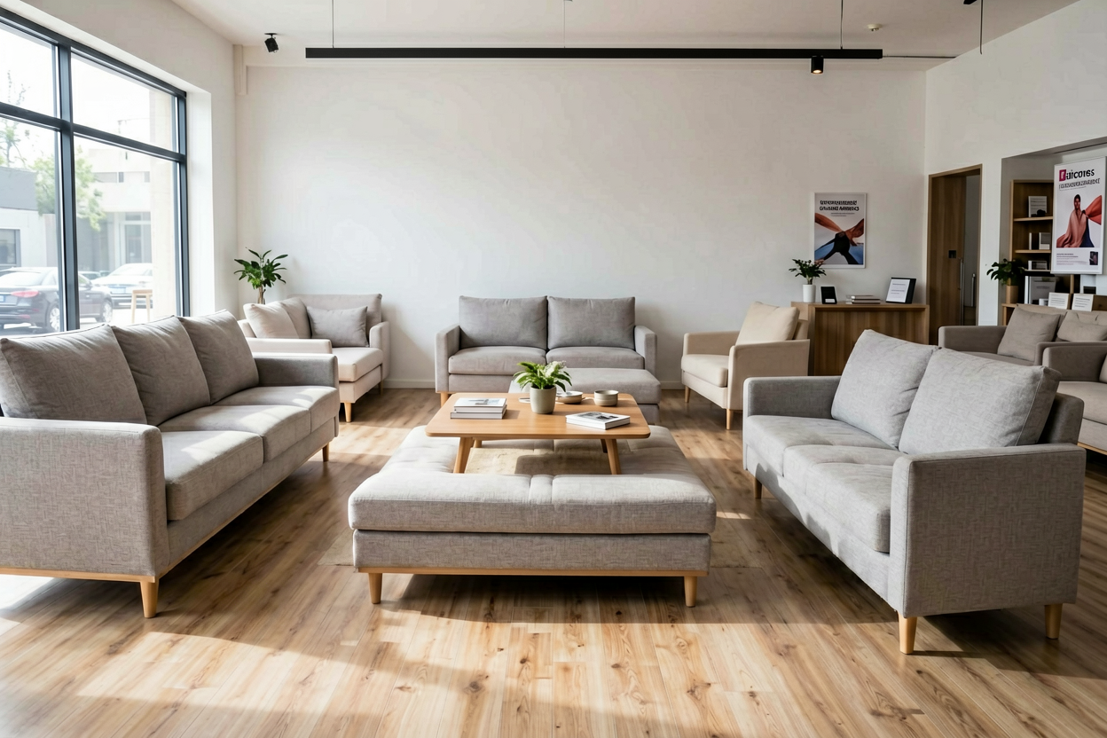 physical furniture store sofa display decision
