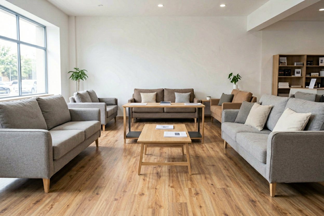 physical furniture store sofa display decision