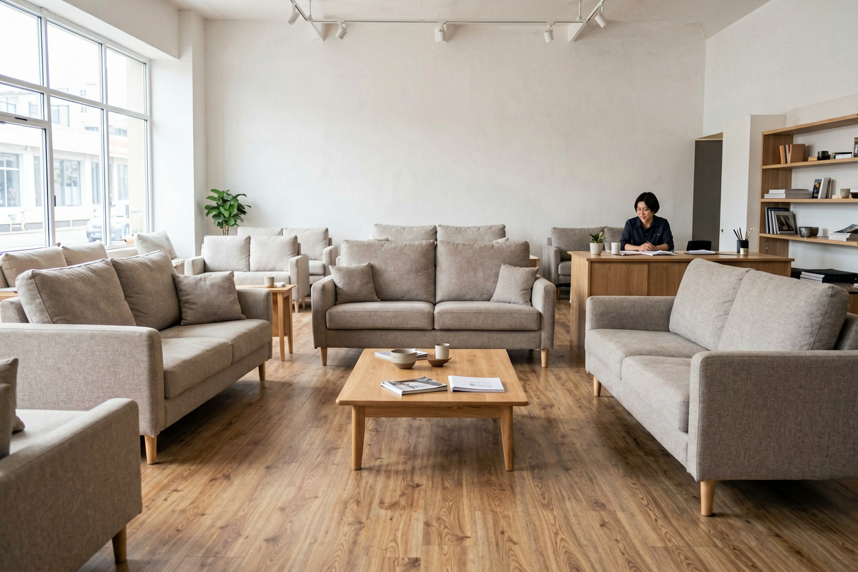 physical furniture store sofa display decision