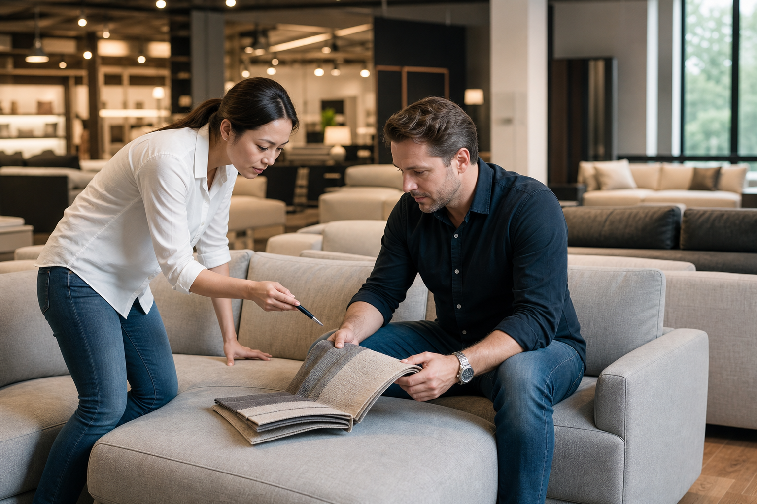 physical furniture store sofa display decision