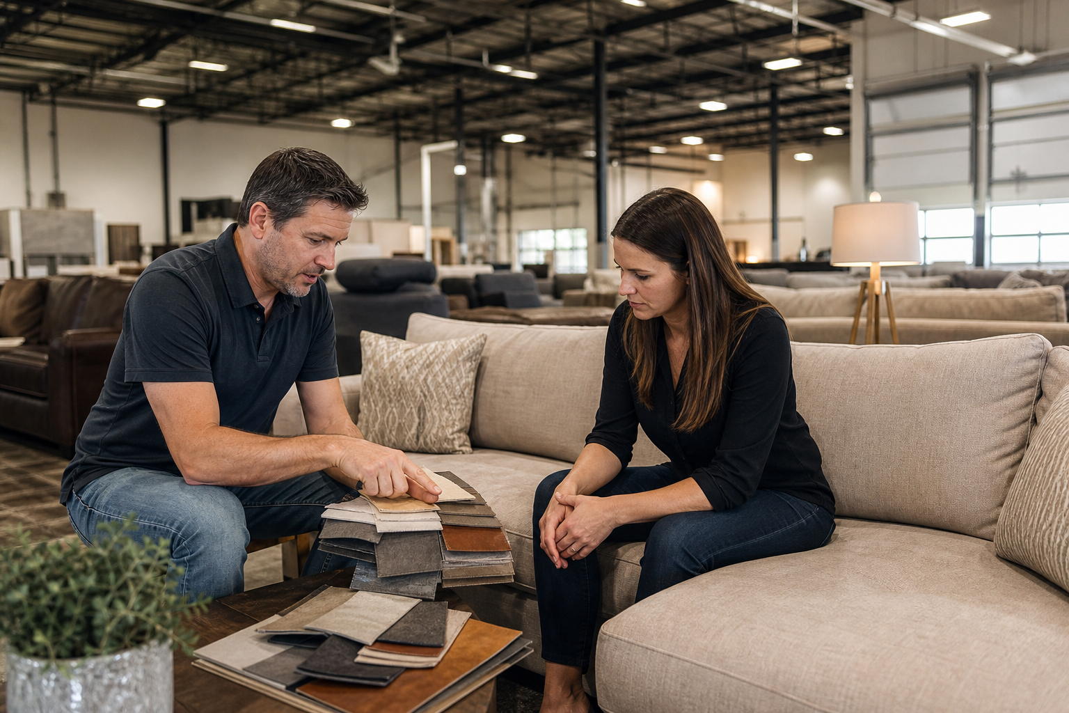 physical furniture store sofa display decision