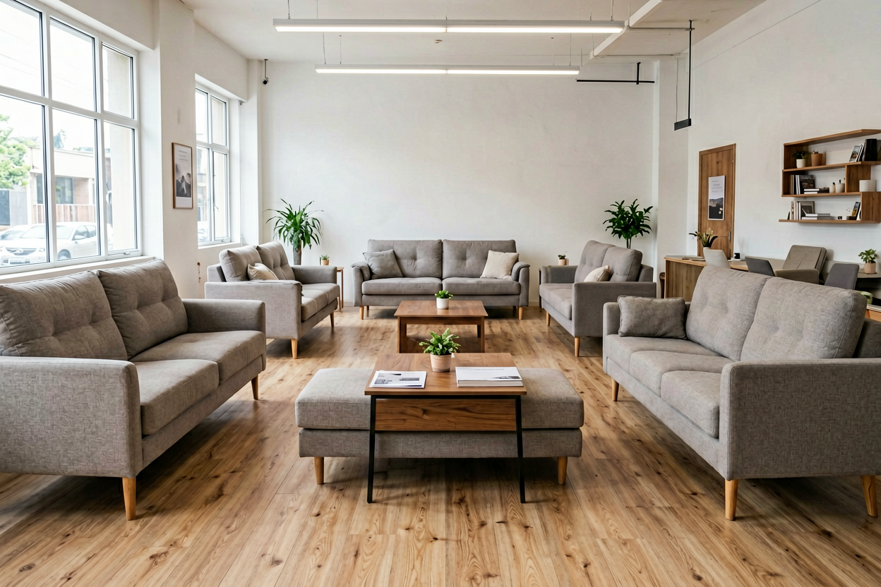 physical furniture store sofa display decision
