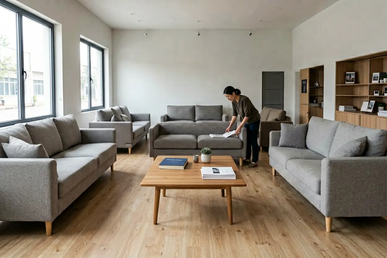 physical furniture store sofa display decision