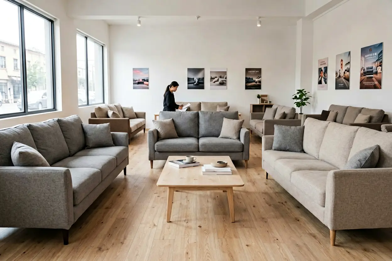 physical furniture store sofa display decision