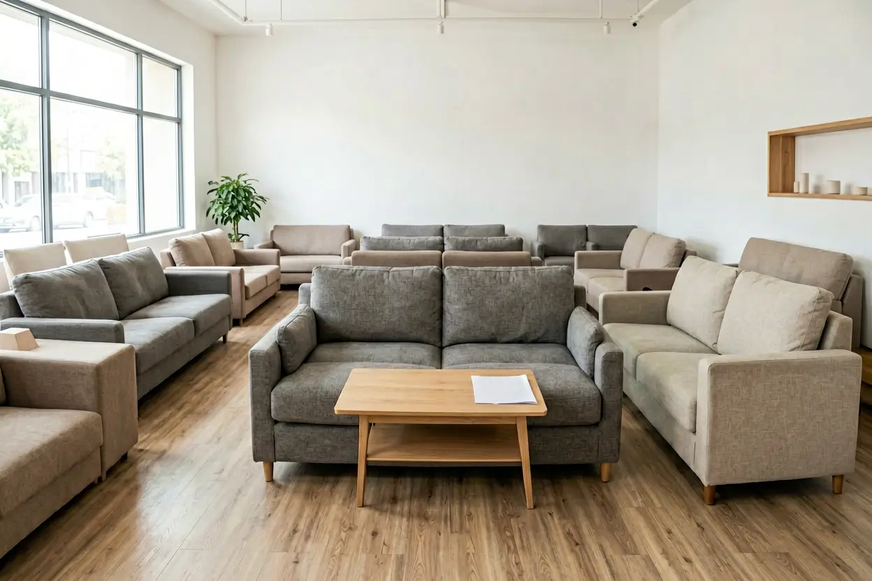 physical furniture store sofa display decision