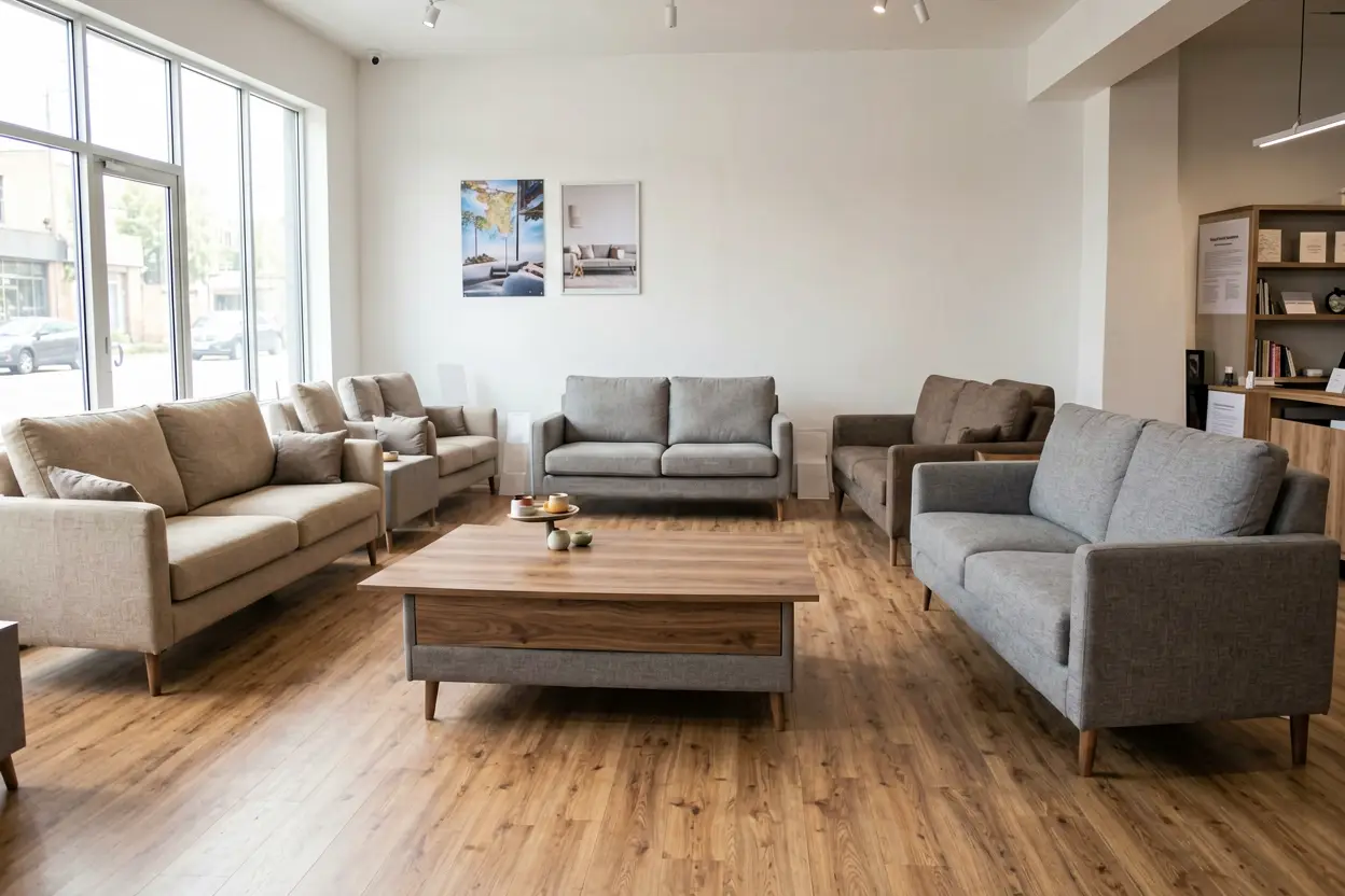 physical furniture store sofa display decision