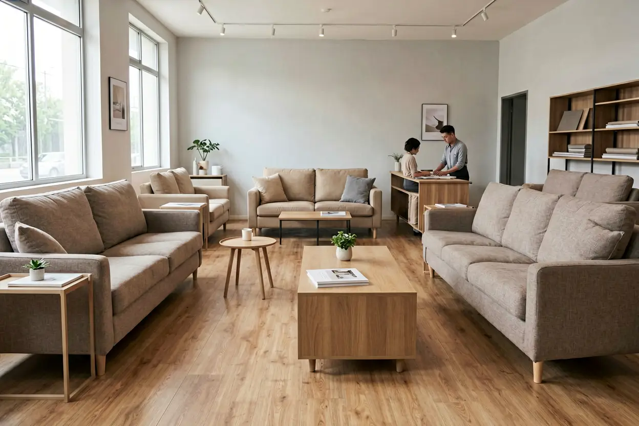 physical furniture store sofa display decision