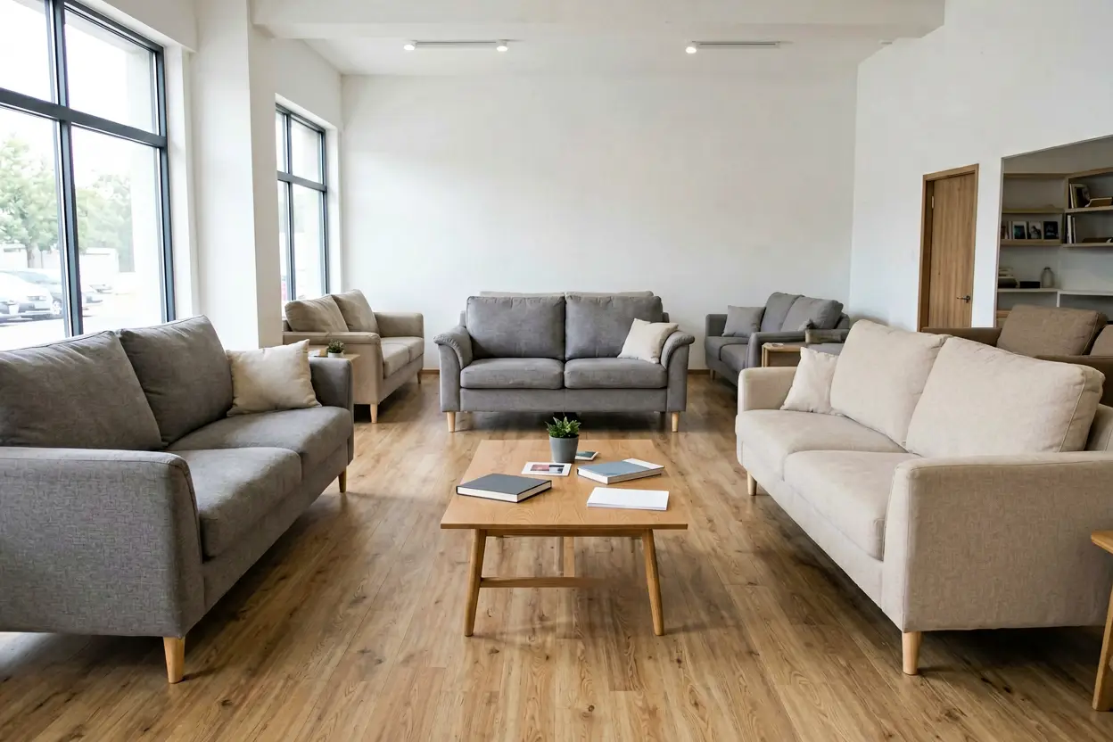 physical furniture store sofa display decision