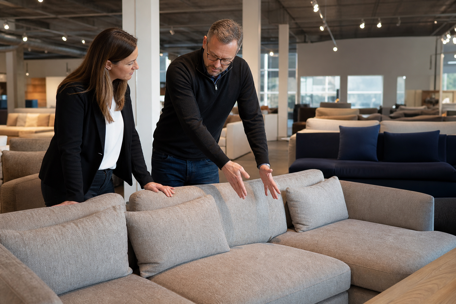 physical furniture store sofa display decision