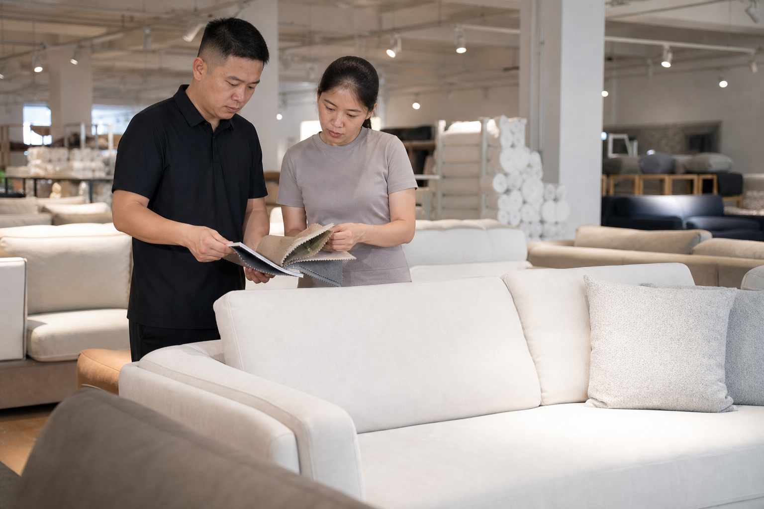 physical furniture store sofa display decision