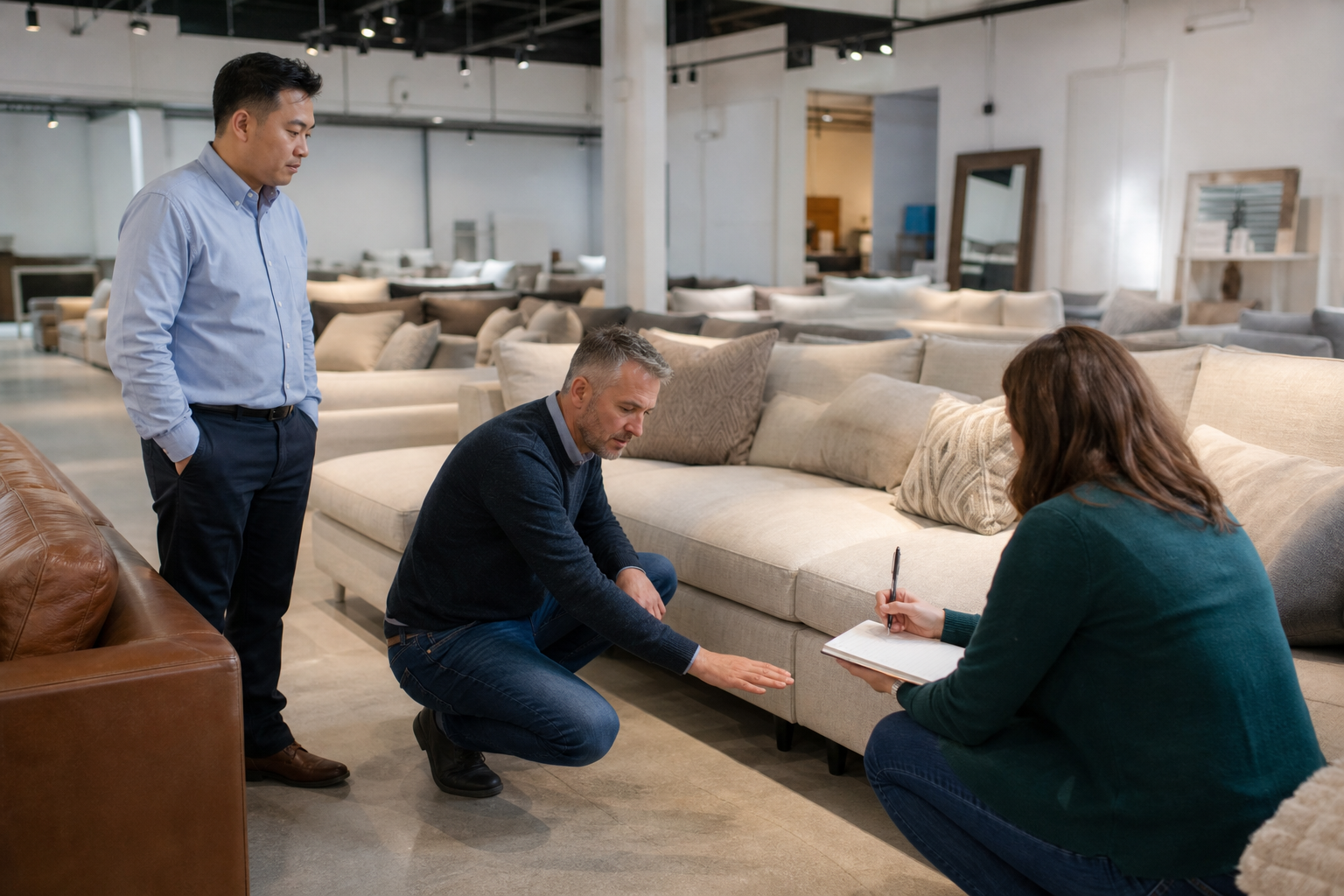 physical furniture store sofa display decision